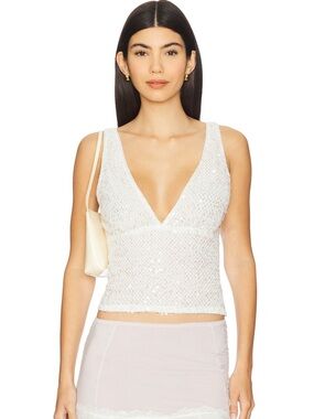 superdown White Sequin V-Neck Tank Top